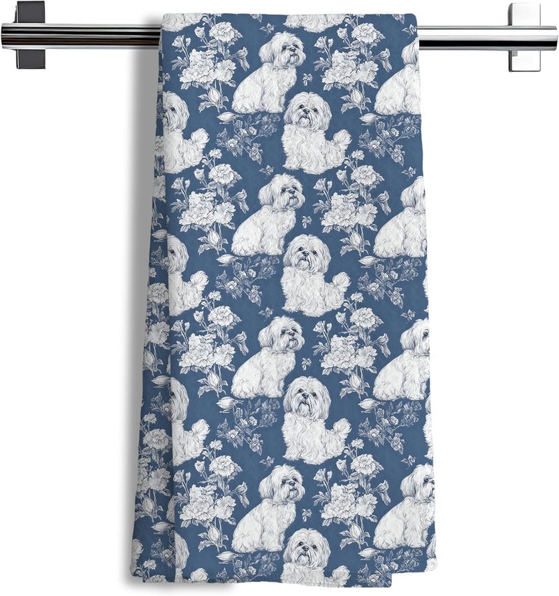 Nipil Shih Tzu Dog Gifts for Blue Chinoiserie Floral Decor Kitchen Towels，Blue Shih Tzu Dog Grandmillennial Decorative Dish Tea Towels for Kitchen Bathroom,16x24 Inch - Image 1